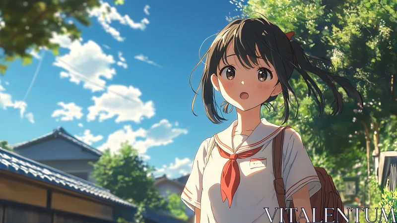 Summer street scene with schoolgirl in sailor uniform.