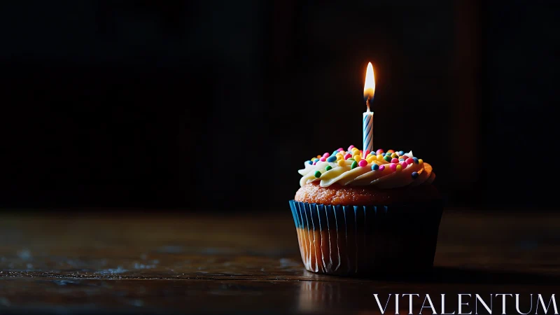 Birthday Cupcake with Lit Candle Against Dark Background