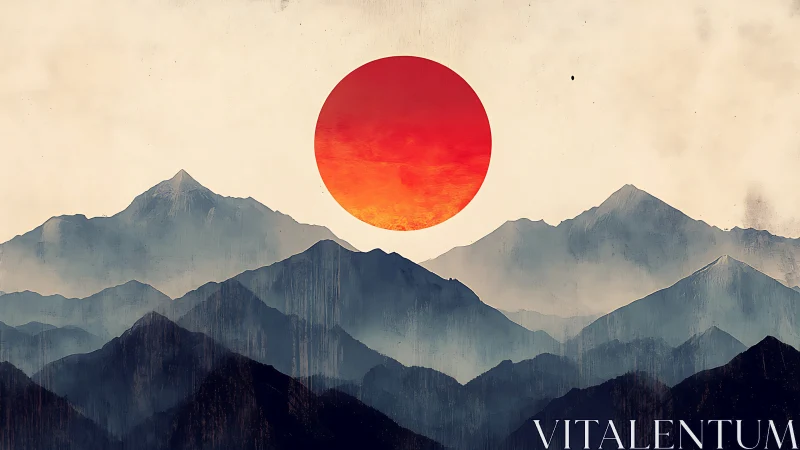 Quiet crimson sun rising over misty layered mountains.