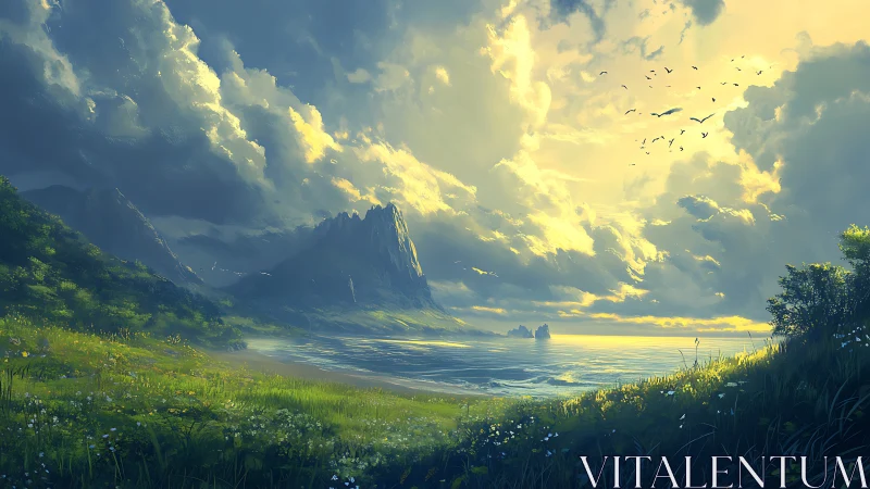 Mountainous Valley Dawn. Golden Light Pierces Clouds Above Verdant Meadow.