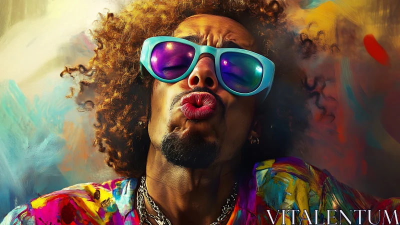 Colorful close up of funky man in sunglasses kissing camera.