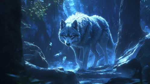 Lone silver wolf stalking through luminescent blue forest.
