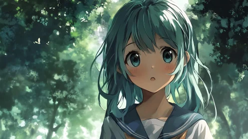 Forest hush catches a teal haired schoolgirl mid‑wonder.