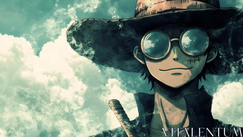 Straw hat wanderer with mirrored sky lenses stands calm.