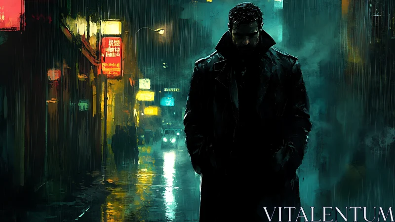 Rain-soaked noir figure walks neon alley under volumetric haze