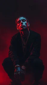 Tattooed man in red blue dramatic studio portrait.