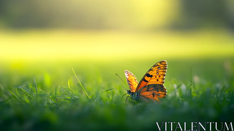 Sunlit butterfly resting quietly in a dreamy green meadow.