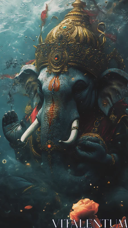 Divine elephant deity statue under luminous water glow.