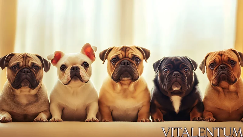 Row of small dogs on sofa in warm indoor light.