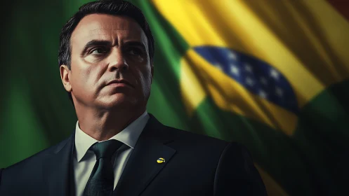 Cinematic statesman portrait against defocused Brazilian tricolor.