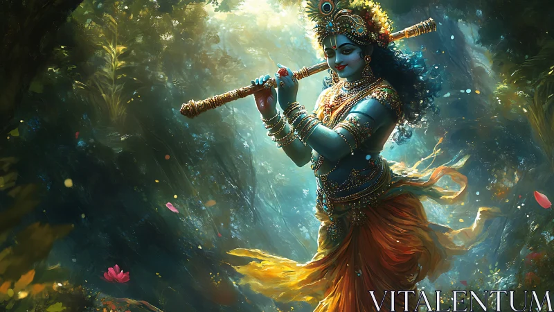 Flute player in golden forest glows with gentle divine grace