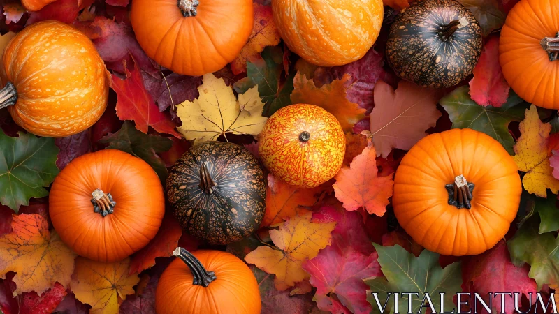 Top-down study of mixed pumpkins arranged on multicolor maple foliage