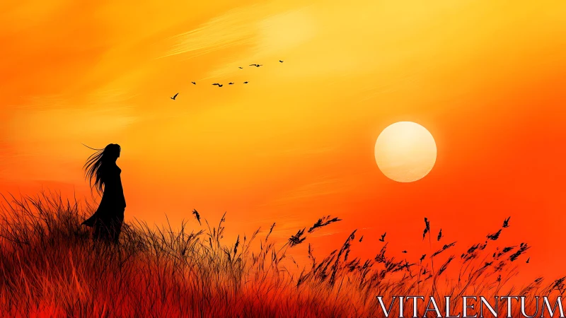 Silhouette girl watching ember grasses sip the molten sun.