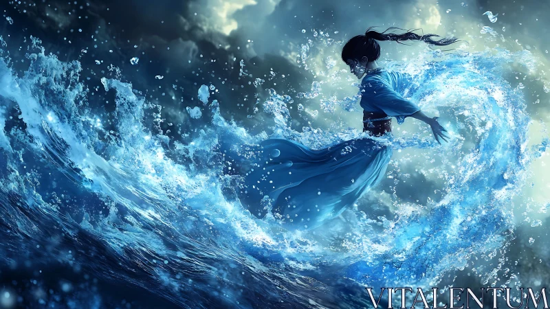 Stormlit water dancer bends an ocean into swirling grace