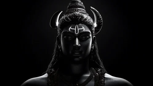 Divine black statue of Shiva under dramatic rim light.