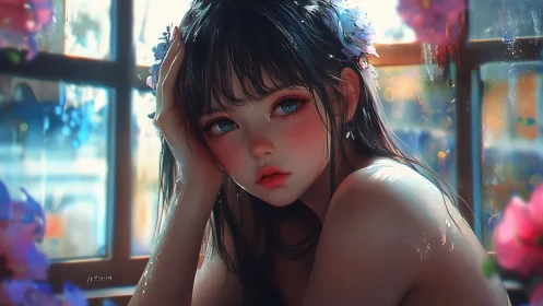 Anime portrait at wet window in luminous bokeh lighting.