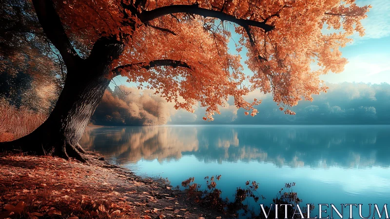 Large lakeside tree with orange foliage reflects on calm water