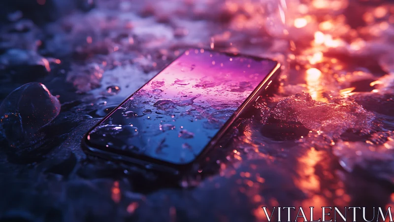 Iridescent smartphone submerged in bicolor thermic meltwater.