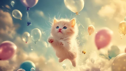 Celestial Kitten Ascending Through Pastel Dreamscape Balloons