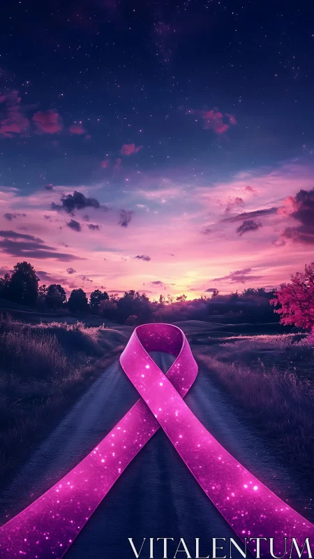Glowing pink ribbon of hope winding under a peaceful dusk sky.