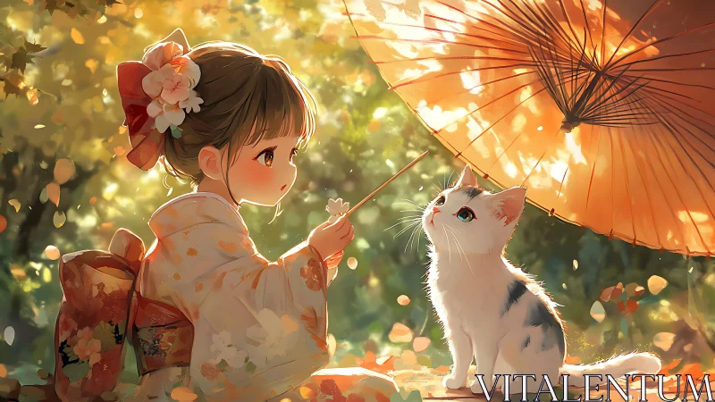Young girl in kimono observes white cat under paper umbrella