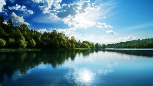 Peaceful forest lake glowing under a bright summer sky.
