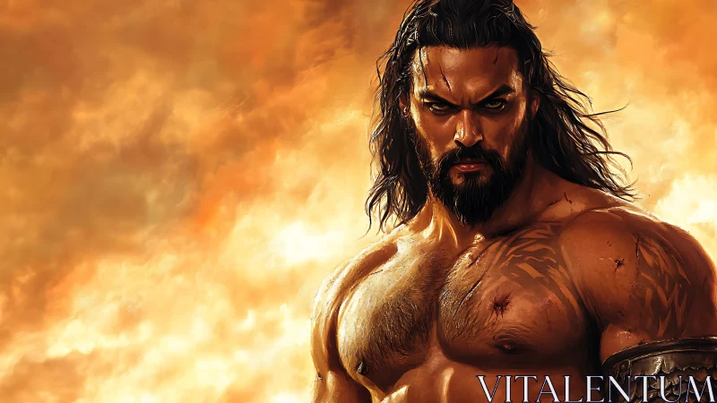 Warrior figure with tattoos against intense fiery sky.