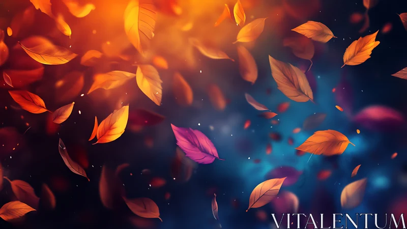 Autumn leaves swirl across a blurred blue and orange sky