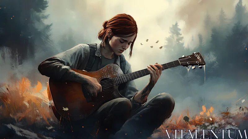 Solitary red-haired guitarist in misty burned forest clearing