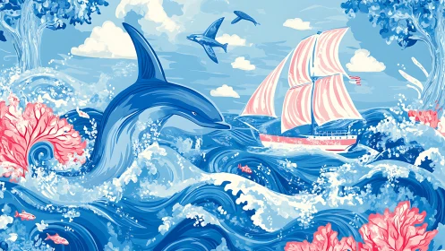 Dolphin, sailing ship and coral in stylized ocean waves.