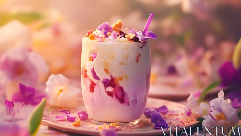 Edible flower parfait in bokeh-lit dessert still life setup.