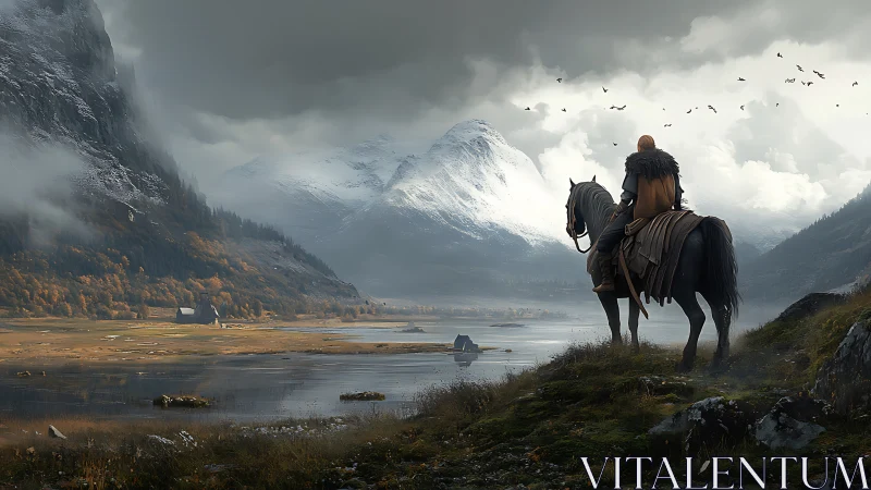 Cinematic fantasy rider surveying misted alpine valley panorama.