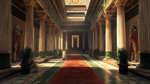 Sunlit neoclassical hall renders symmetrical columned grandeur