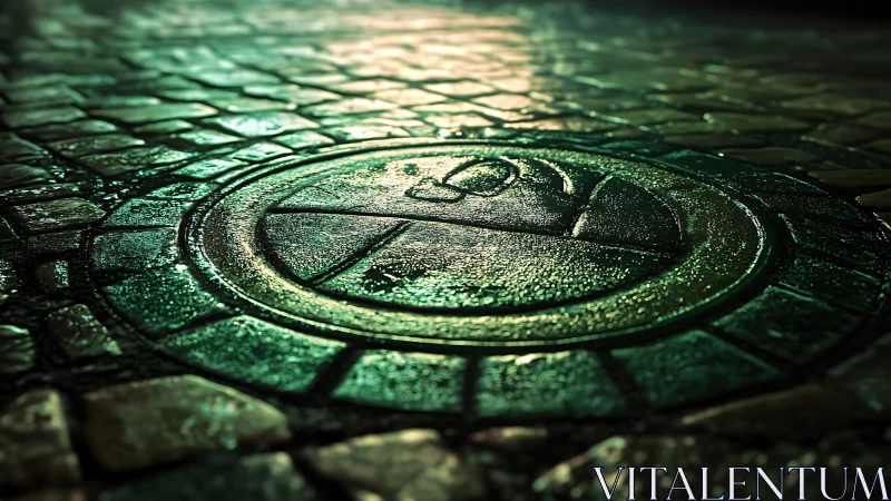 Glimmering wet manhole cover on a cobblestone street at night.