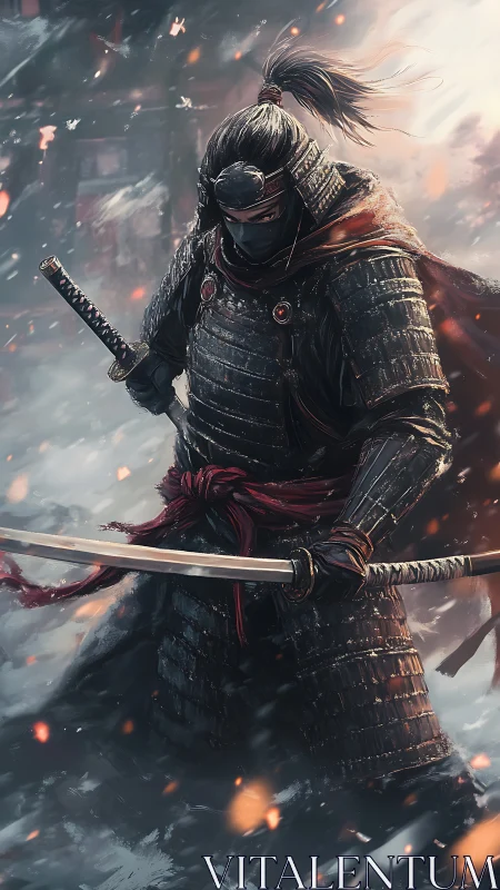 Armored samurai advances through snowstorm with dual katanas drawn