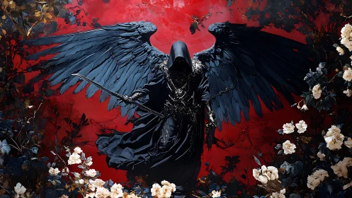 Dark angel of death hovers over crimson floral abyss