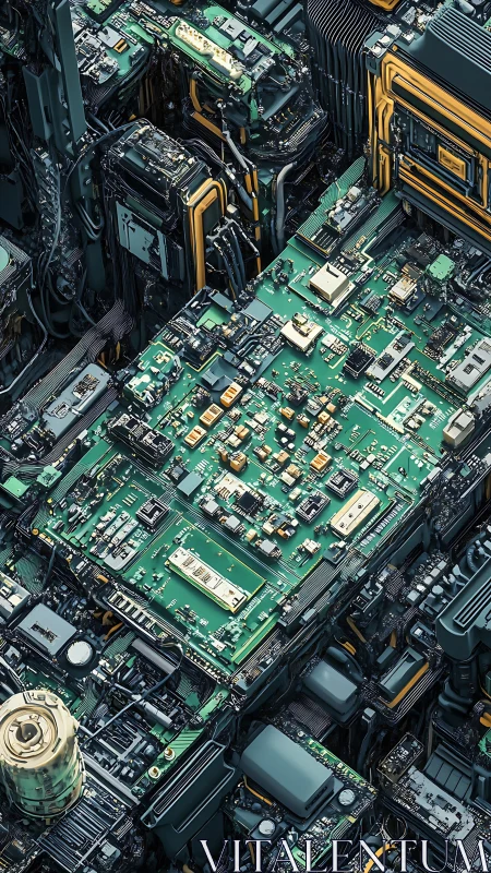 Dense green circuit boards forming a layered tech landscape.
