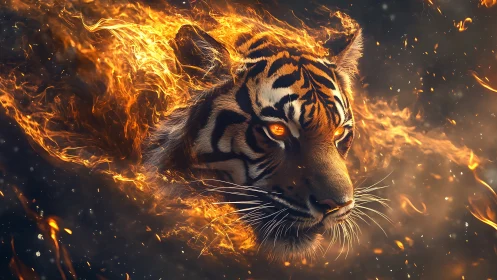 Fiery tiger head emerges through swirling molten flames