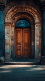 Warm wooden doorway rests beneath a grand stone archway