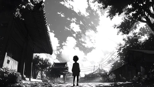 Quiet village street welcomes a child into bright morning light