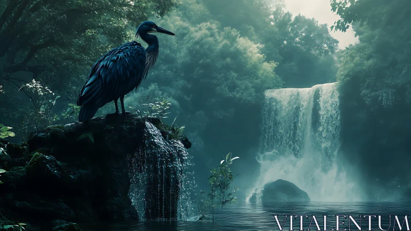 Heron keeps misty vigil beside a secret forest waterfall