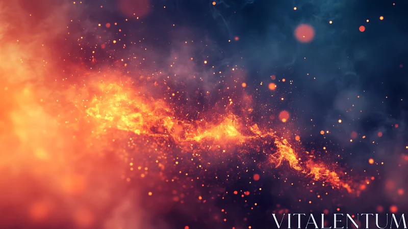 Luminous particle explosion with fire and bokeh effects against dark blue.