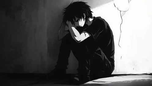 Solitary anime figure seated in stark chiaroscuro corner