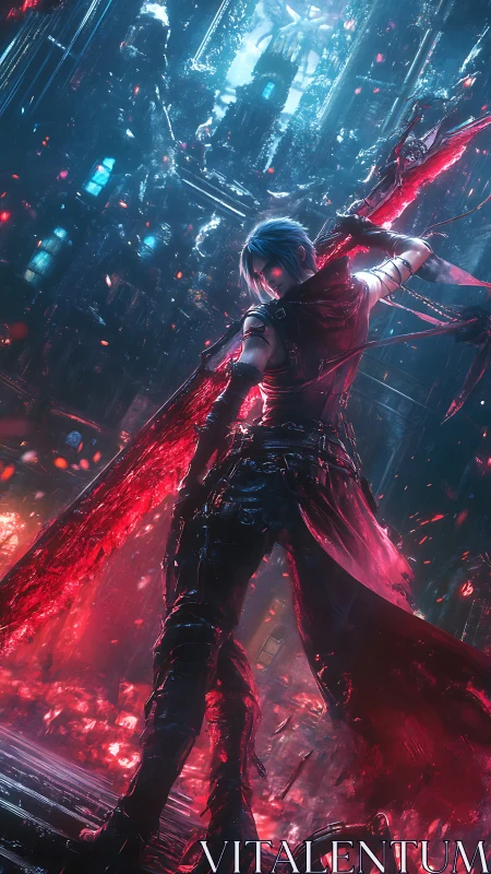 Neon dreadnought warrior raising a bloodlit cyber greatsword.