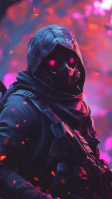 Hooded masked figure with rifle in neon forest environment.