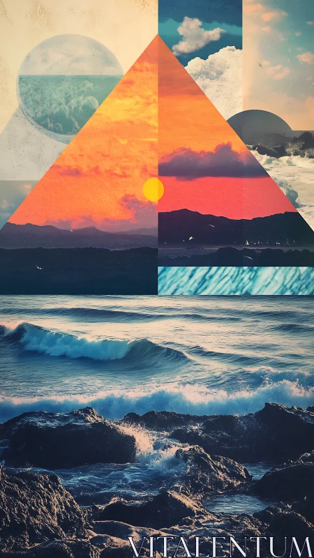 Geometric sunset seascape collage with layered atmospheric planes
