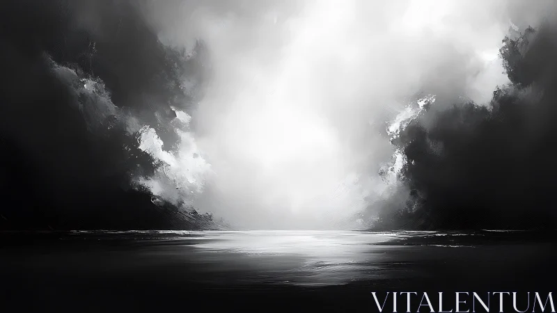 Monochrome seascape depicts diffused light between dark masses