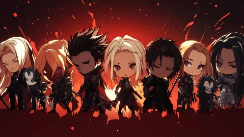 Chibi dark knights stand united under bloodred battlefield sky.