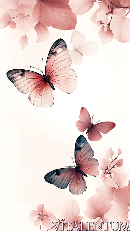 Soft pink butterflies drift among translucent floral branches