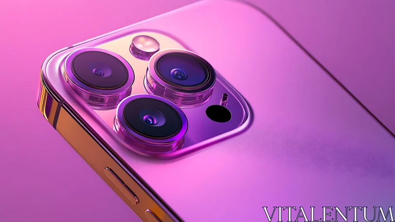 Triple camera smartphone in pink reflective lighting.